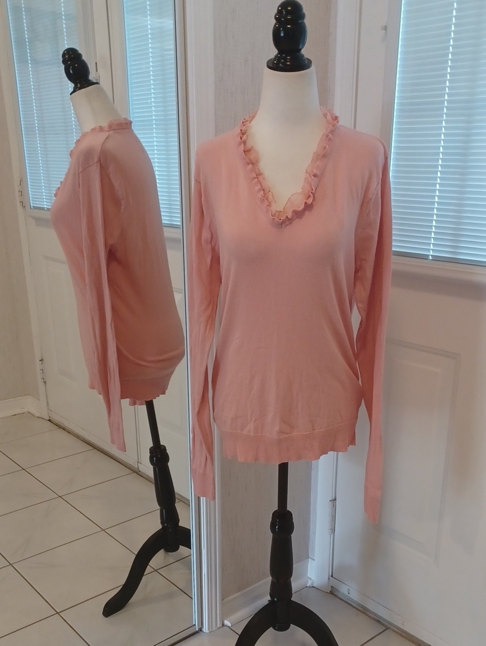 4/$30 Alfred Sung Peachy-Pink Ruffled V-Neck Long Sleeve Sweater - Size Large